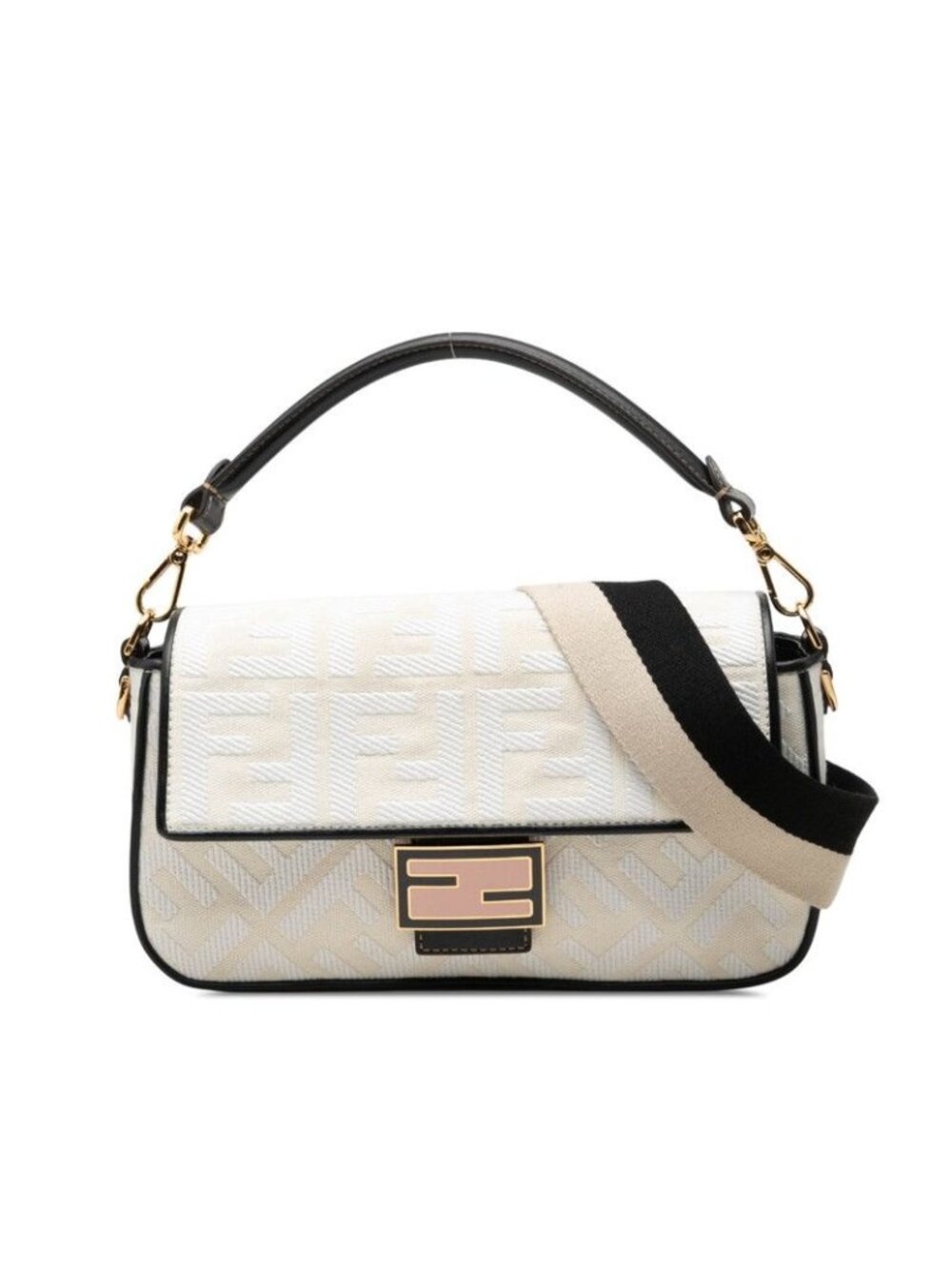 Fendi Baguette Shoulder Bag White Black Pink Canvas Leather